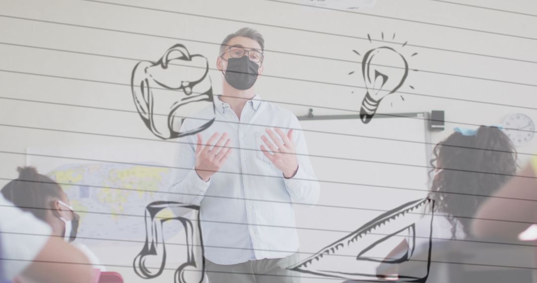Masked Teacher Explaining Lessons to Students in Classroom
