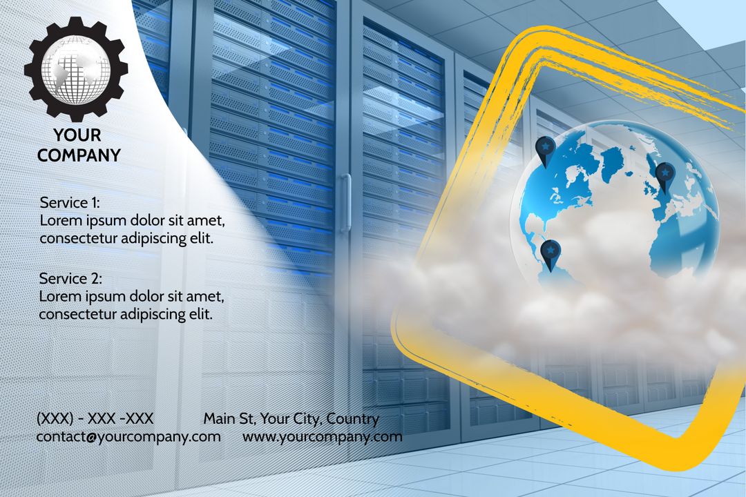 Technology Firm Template with Server Room and Global Network Icon