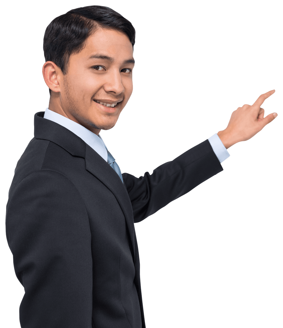 Happy Asian Businessman Presenting on Transparent Background