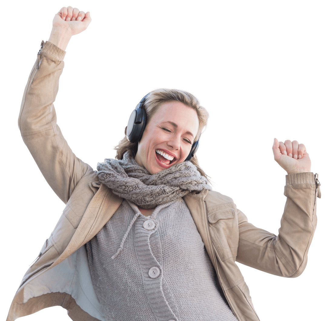 Joyful Caucasian Woman Enjoying Music with Headphones on Transparent Background