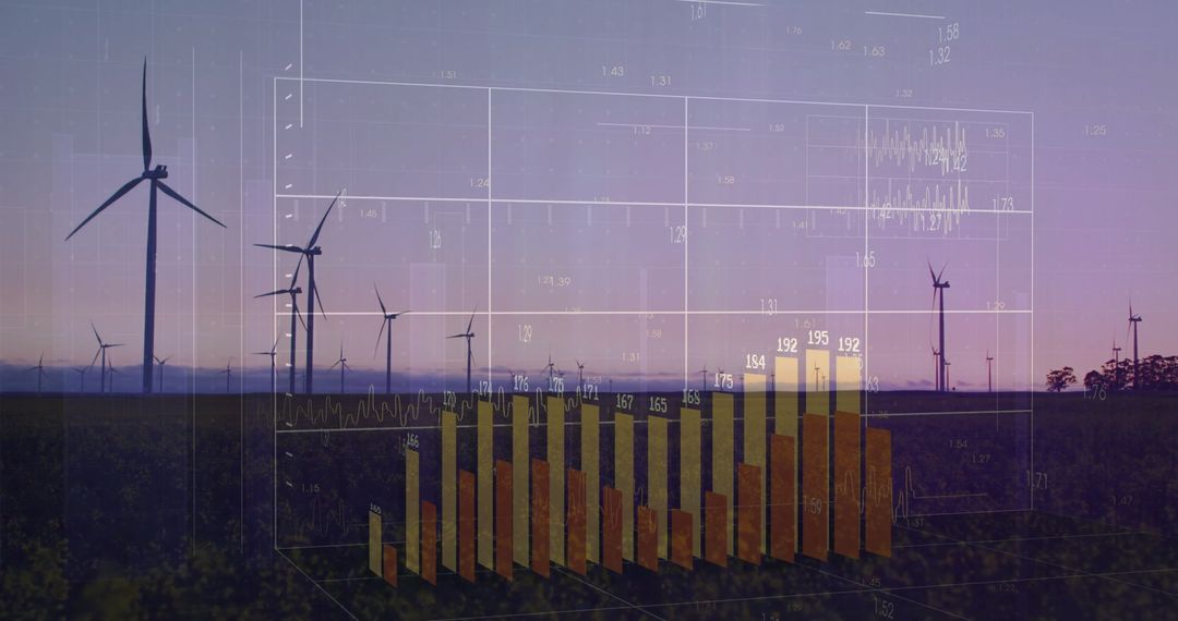 Wind Turbines with Futuristic Data Overlay on Grassy Plains at Dusk