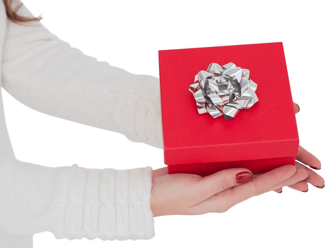 Transparent Gift Box Presented in Female Hands Red Nails Polished
