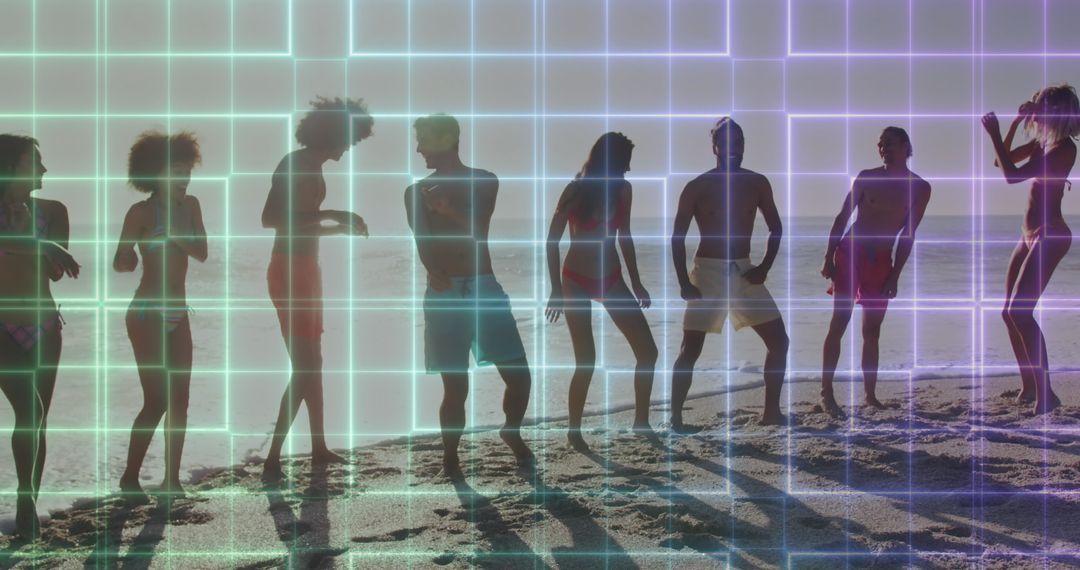 Friends Enjoying Sunny Beach with Digital Grid Overlay
