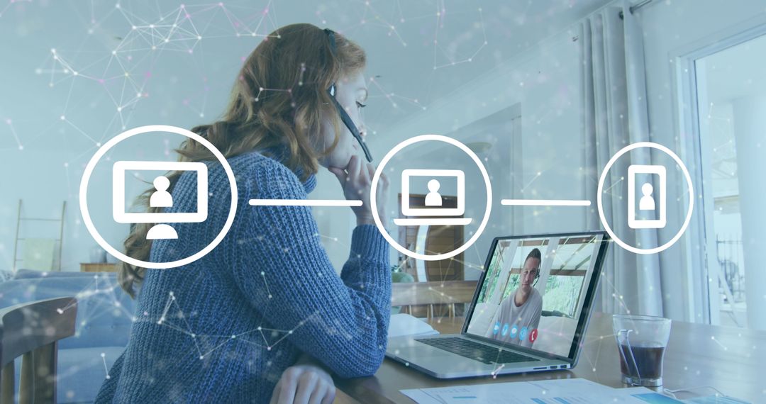 Woman Working Remotely Using Headset and Laptop with Network Visualization