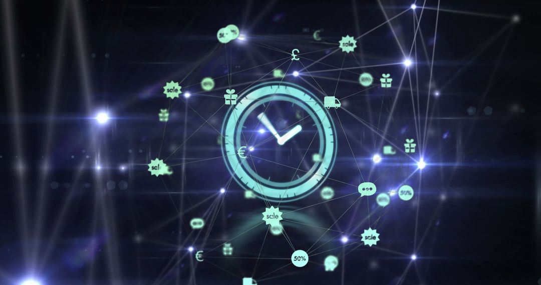 Futuristic Clock Displaying Digital Connectivity and Financial Icons