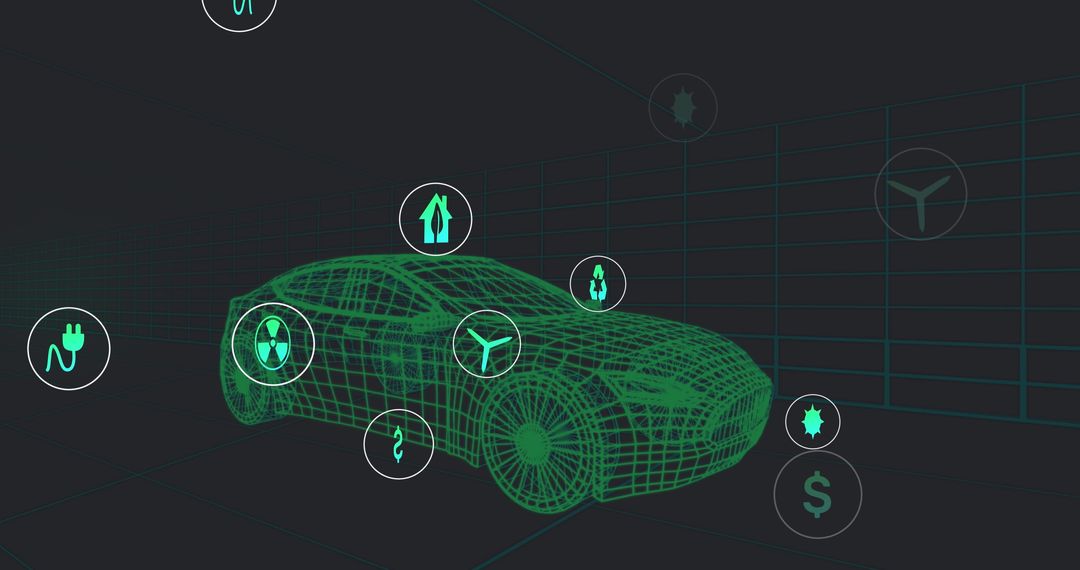 Futuristic Car with Digital Interface and Technology Icons