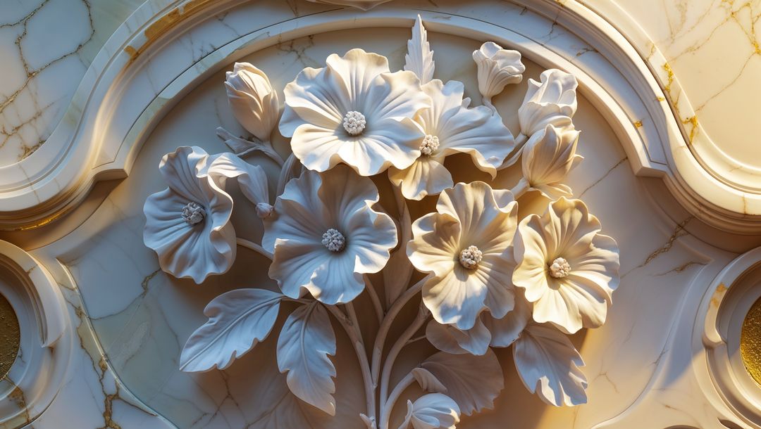 Elegant floral forget me not relief sculpture on luxurious marble panel