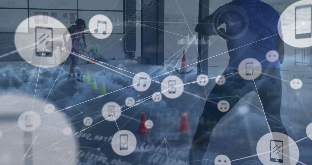 Digital Network Overlay on African American Soccer Player in Motion