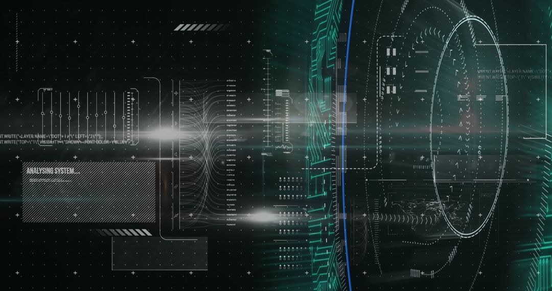 Futuristic Digital Interface with Data Visualization and Light Trails