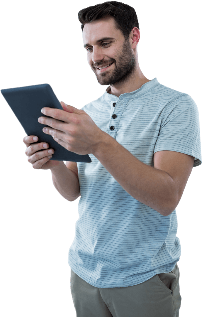 smiling man using digital tablet isolated transparent background - Download Free Stock Images Pikwizard.com
