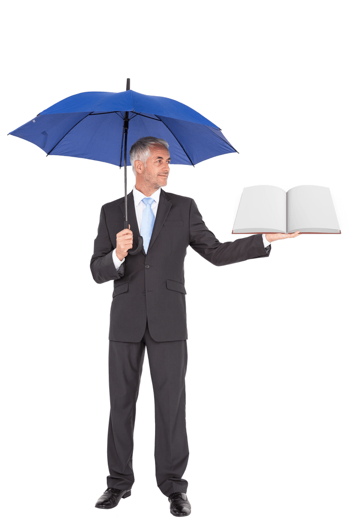 Caucasian Businessman Balancing Book and Umbrella Concept on Transparent Background