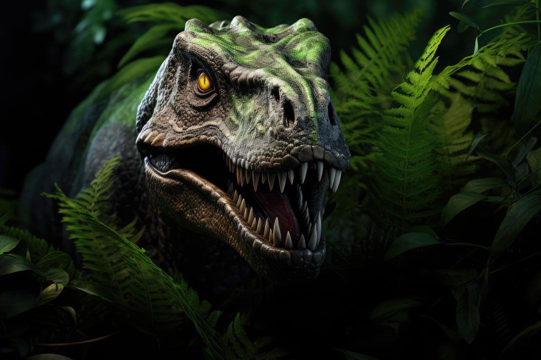 Realistic Dinosaur Surrounded by Lush Green Foliage - Free Images, Stock Photos and Pictures on Pikwizard.com