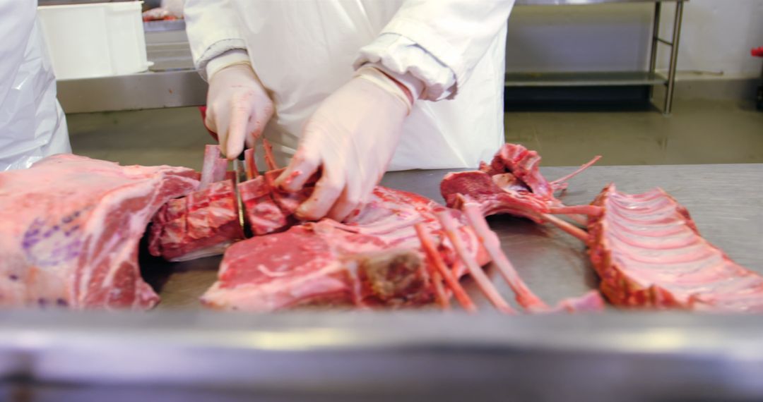 Butcher Cutting Rib Racks in Clean Meat Processing Facility - Free Images, Stock Photos and Pictures on Pikwizard.com