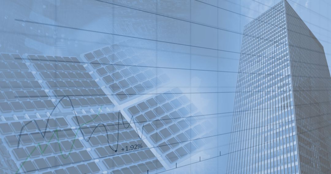 Financial data with solar panels and modern architecture