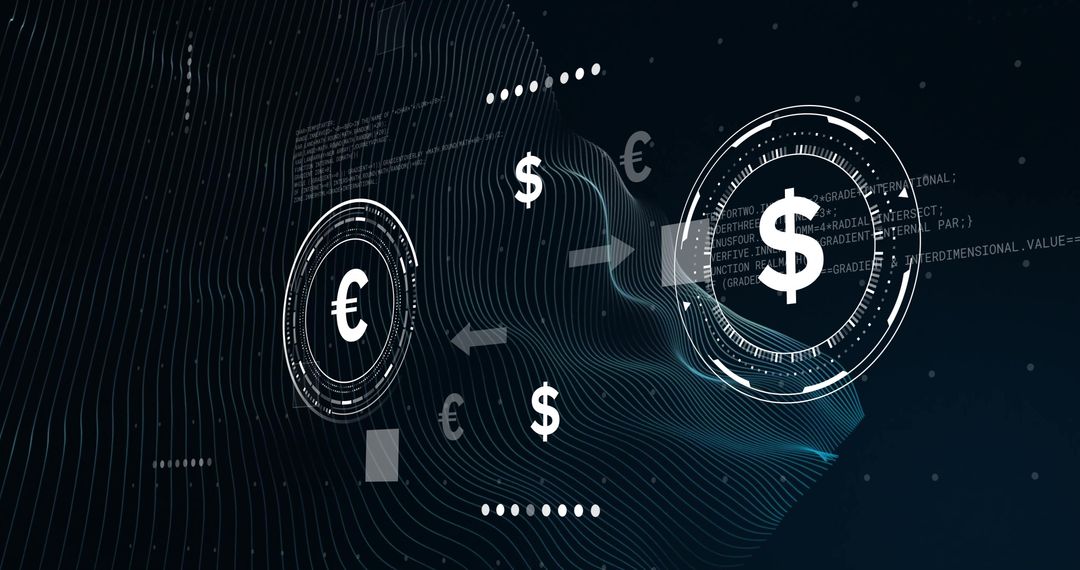 Digital Currency Exchange HUD Featuring Dollar and Euro Interfaces on Dark Tech Mesh