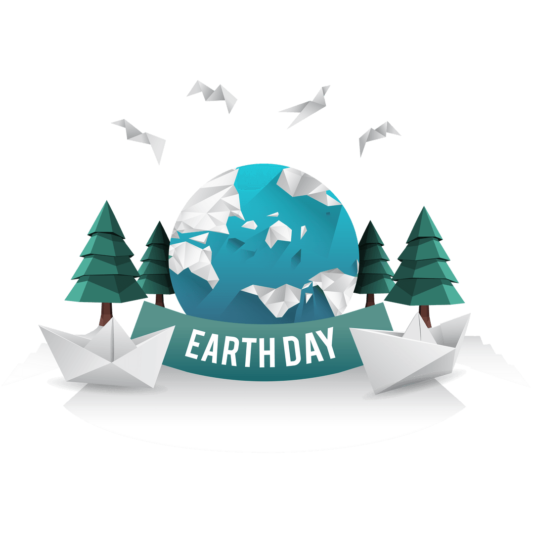 Earth Day Illustration with Origami Landscape Over Transparent Surface
