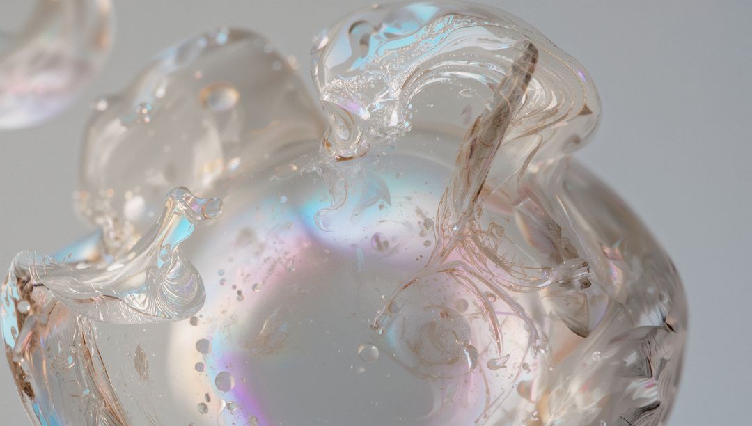 Shimmering Translucent Bubble Floating with Iridescent Curling Films and Microbubbles
