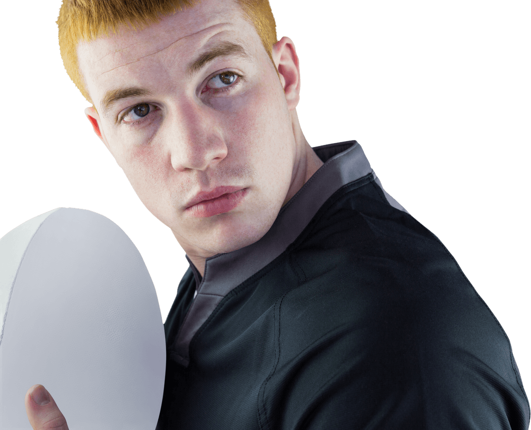 Young Rugby Player Holding Ball in Transparent Background