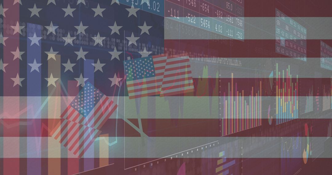 American Economic Concept with US Flags Overlapping Digital Charts