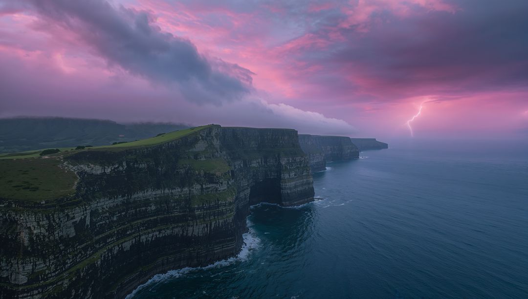 Dramatic Coastal Cliffs with Lightning in Stormy Sky