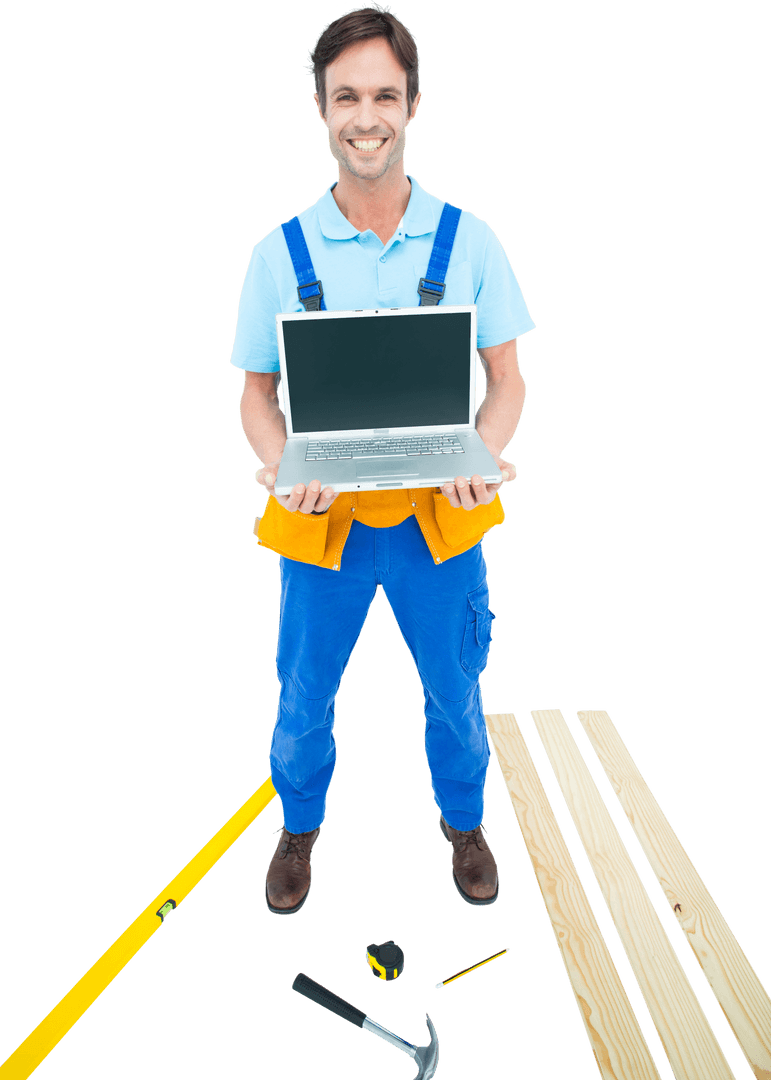 Repairman with Laptop and Tools Isolated on Transparent Background