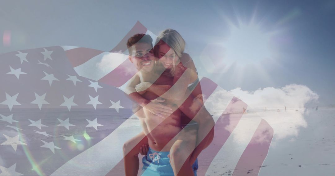Couple on Beach with US Flag Symbolizing Joy and Freedom