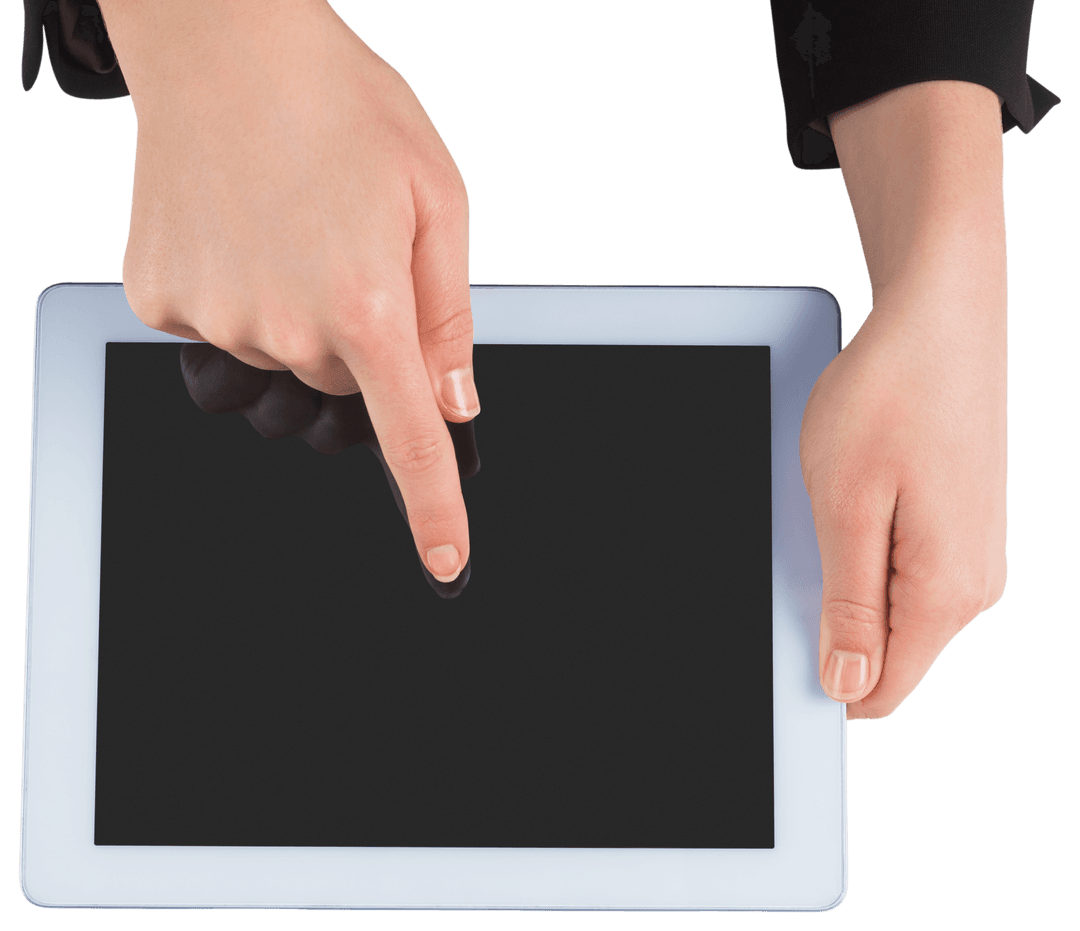 Businesswoman's Hands Engaging with Transparent Tablet