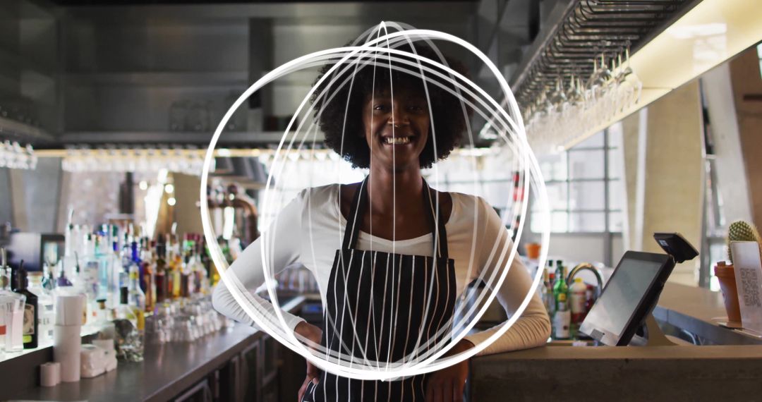 Bartender Standing Confidently in Modern Bar with Stylish Apron