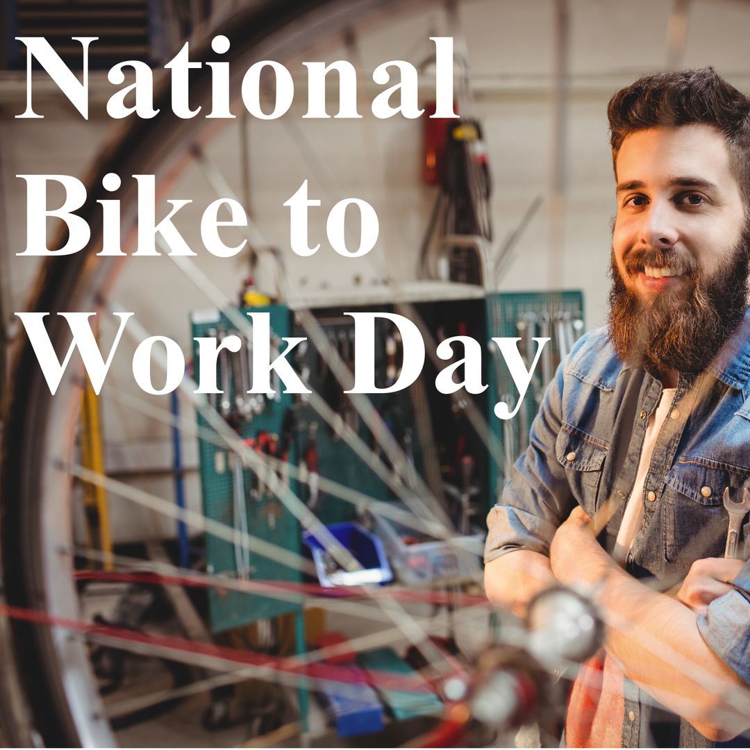 Smiling Young Man Promotes National Bike to Work Day in Workshop