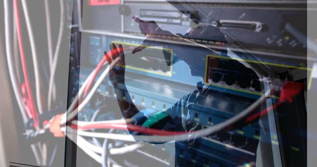 Man in VR Headset with Superimposed Server Room for Futuristic Technology Theme