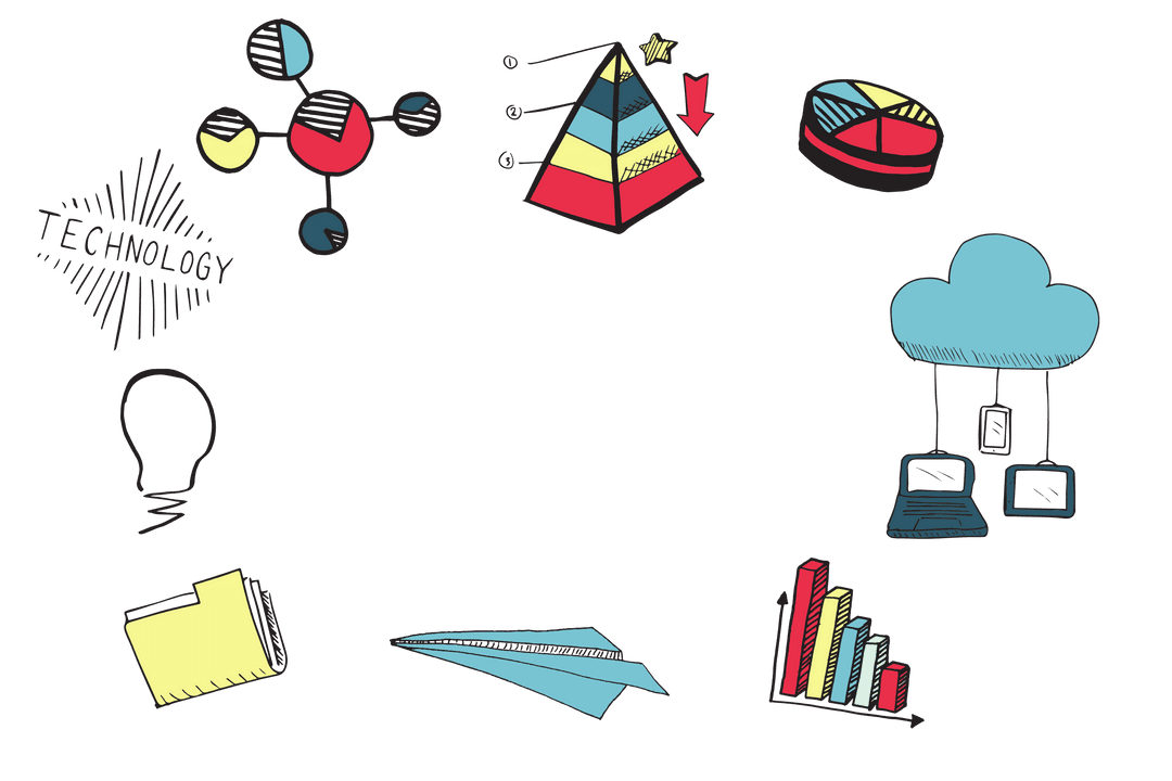 Colorful Business and Technology Icons on Transparent Background