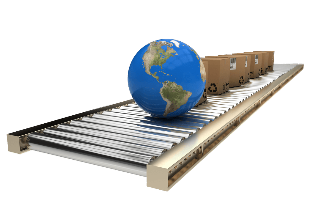 Transparent Concept of Boxes and Globe on Conveyor Belt