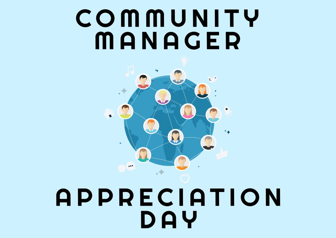 Composition of community manager appreciation day text with icons on blue background - Free Images, Stock Photos and Pictures on Pikwizard.com