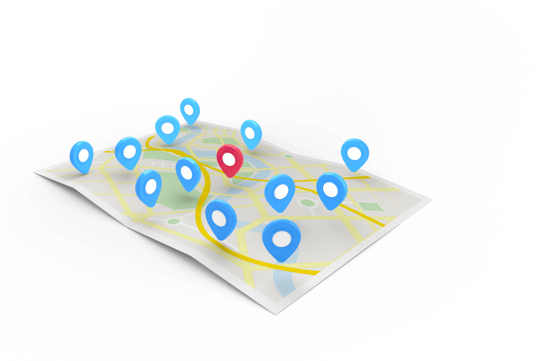 3D Map with Red and Blue Pins on Transparent Background