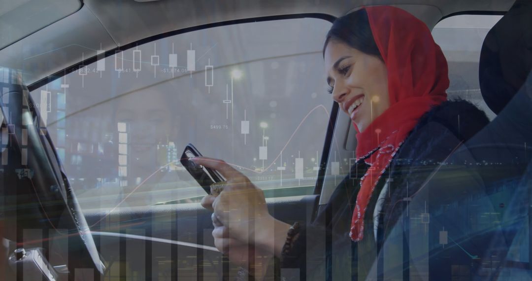 Woman Using Smartphone with Global Digital Interface