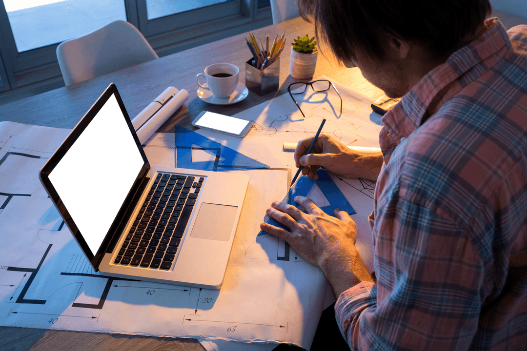 Architect Designing Blueprint at Transparent Workstation