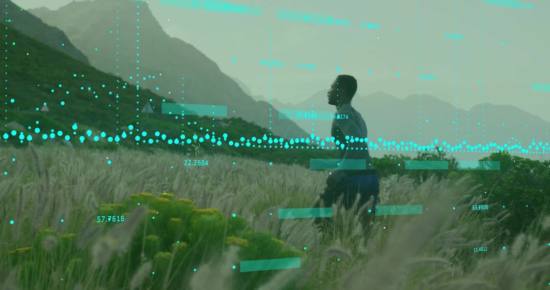 Runner in Field with Teal Data Overlays Illustrating Fitness and Technology