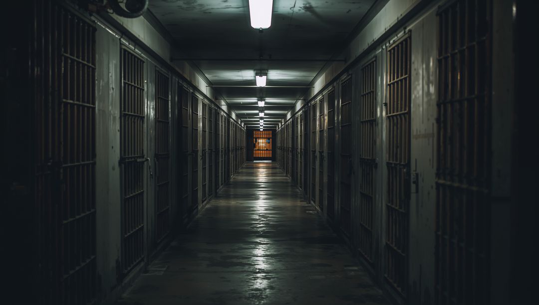 Moody Prison Corridor with Glowing Fluoresent Lighting