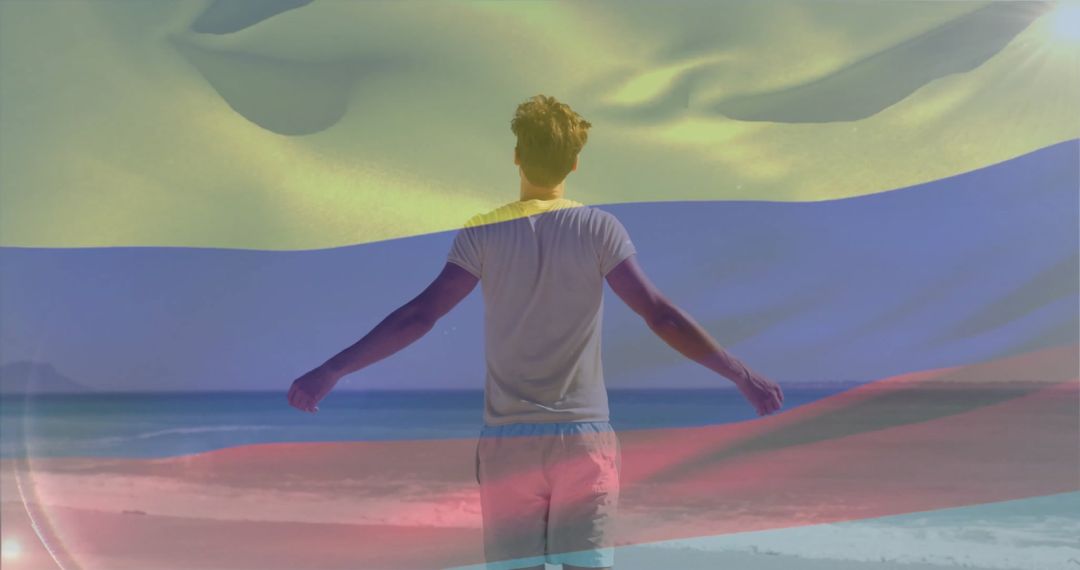 Man Experiencing Freedom at Seaside with Flag Overlay