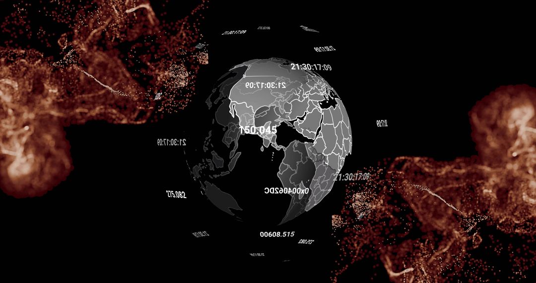 Rotating Digital Globe with Floating Timestamps and Amber Data Filaments for Analytics