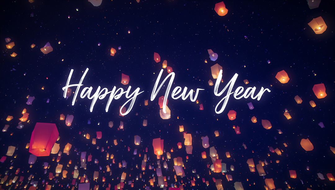Happy New Year Script Over Floating Sky Lanterns Glowing in Starry Night Colorful Festival