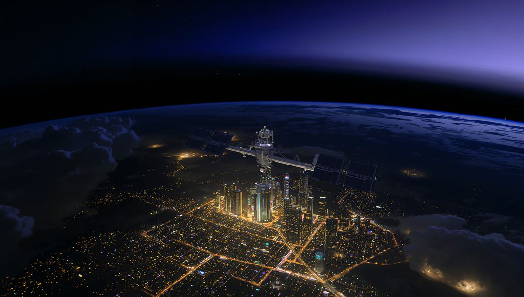 Orbital station hovering over illuminated city skyline with solar panels and street grid