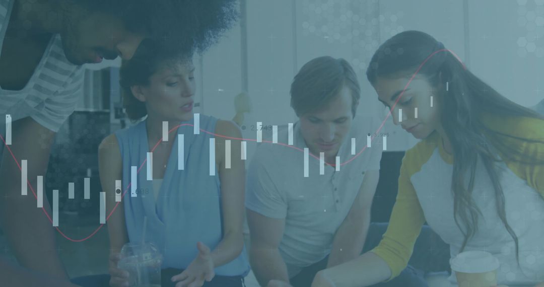 Young Professionals Analyzing Market Trends with Graphs Overlay