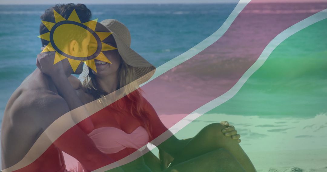 Couple Embracing on Namibian Beach with Flag Overlay