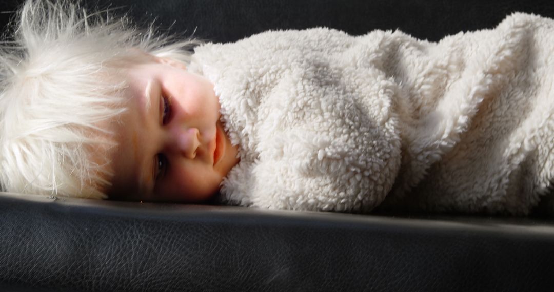 Blonde Toddler Relaxing Cozy on Sofa with Blanket