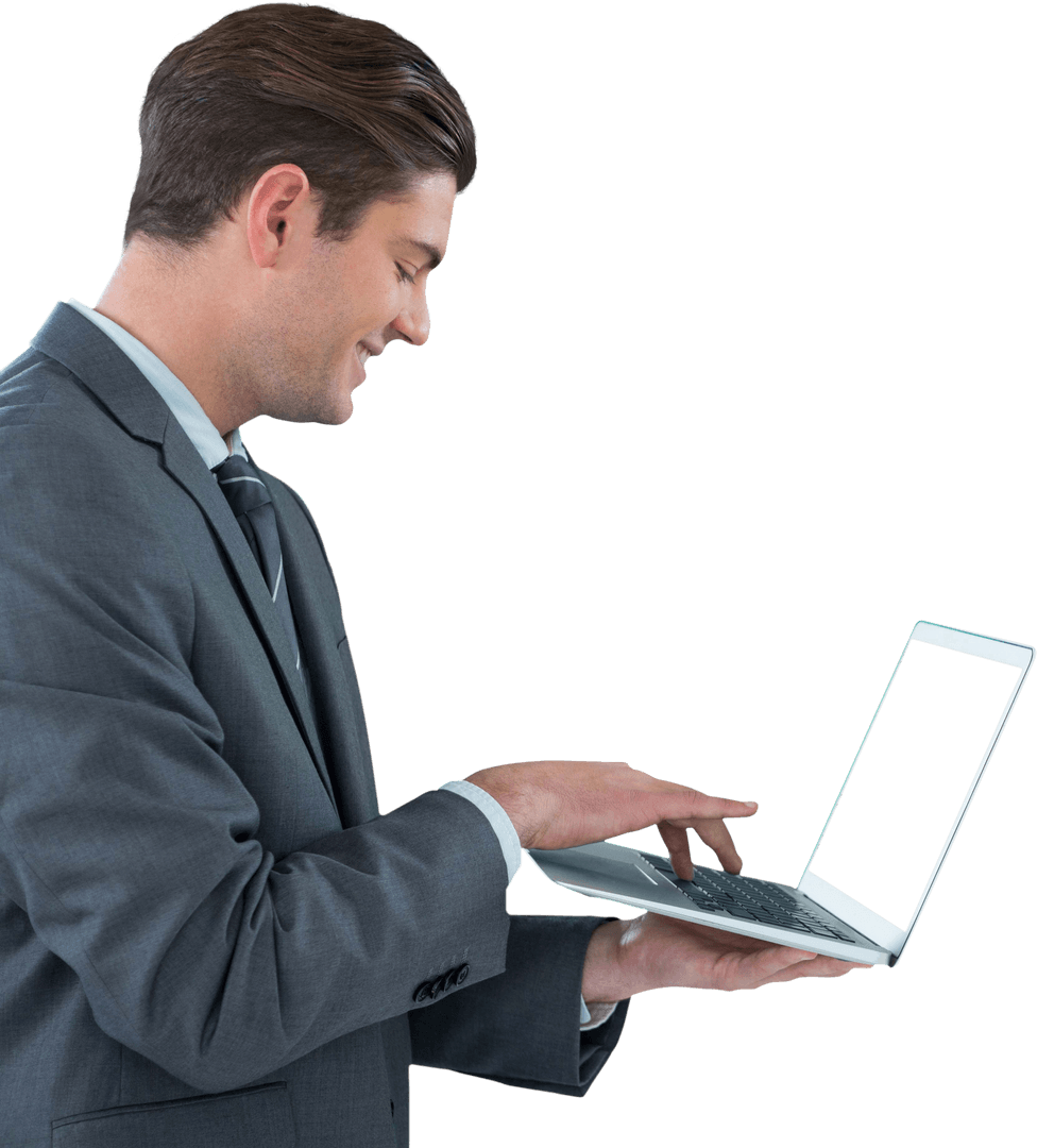 Happy Caucasian Businessman Using Laptop on Transparent Background