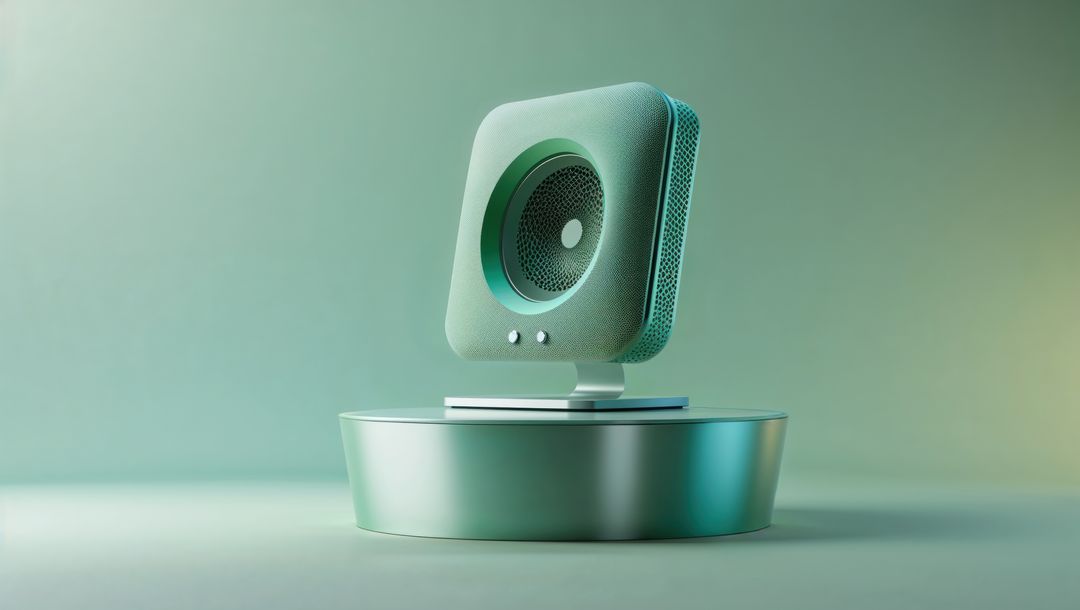 Modern minimalist square speaker on rotating pedestal, seismograph concept