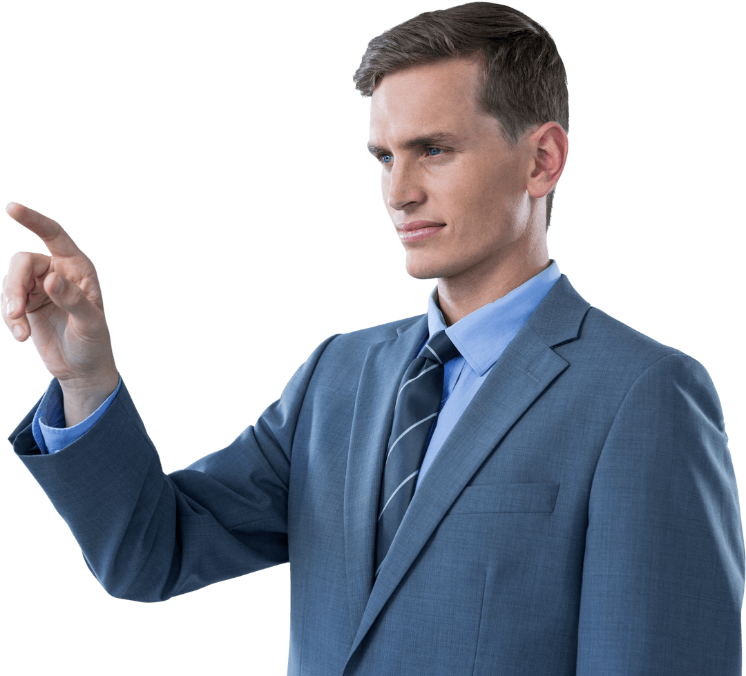 Business Professional Interacting with Virtual Interface on Transparent Background