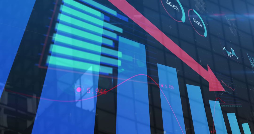 Red Arrow with Financial Decline in Urban Setting Overlay