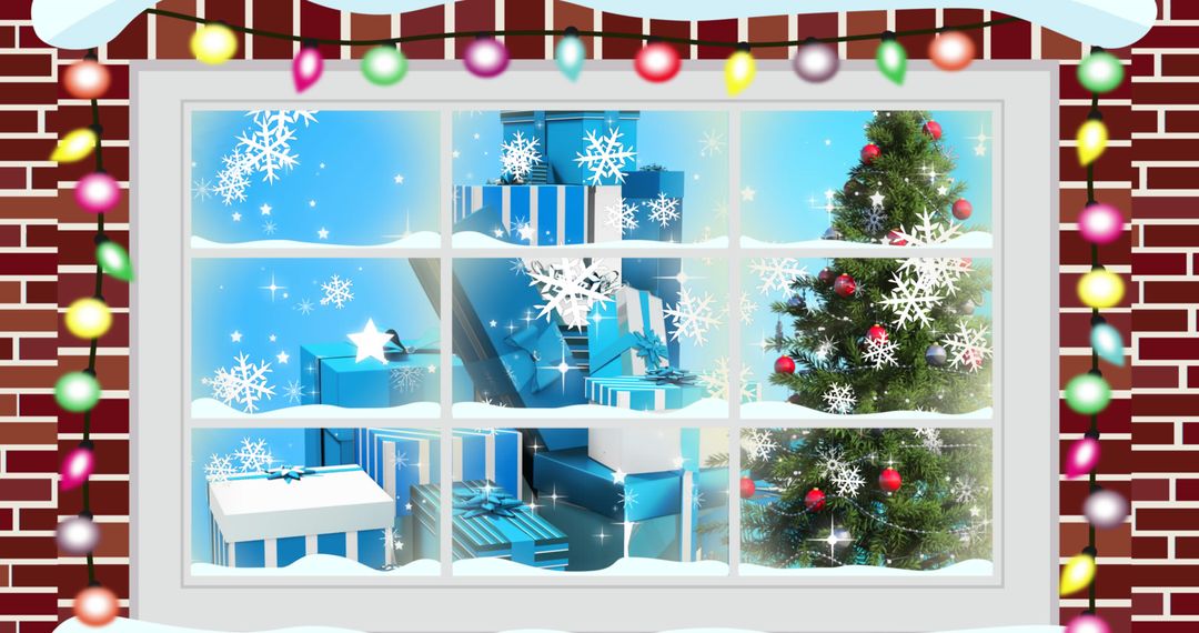Window View of Christmas Tree and Gifts with Snow Decoration
